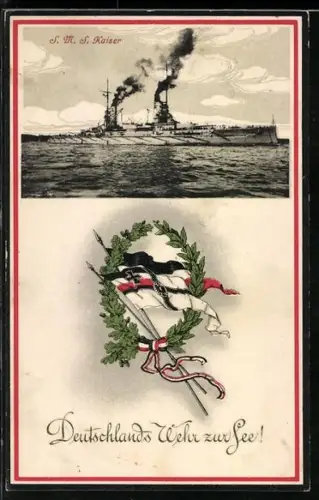 AK SMS Linienschiff Kaiser, Deutschlands Wehr zur See, Reichskriegsflagge, Reichsflagge