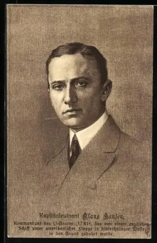 AK Kapitänleutnant Klaus Hansen, Kommandant des U-Bootes U-41, das von einem englischen Schiff versenkt wurde