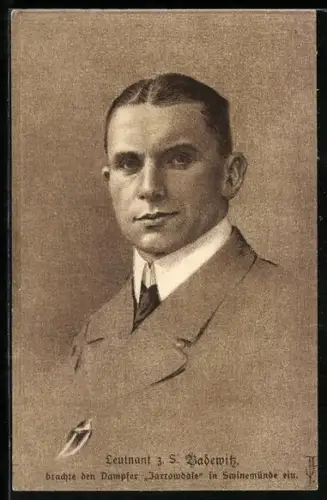 AK Leutnant z. S. Badewitz, brachte den gekaperten Dampfer Jarrowdale in Swinemünde ein