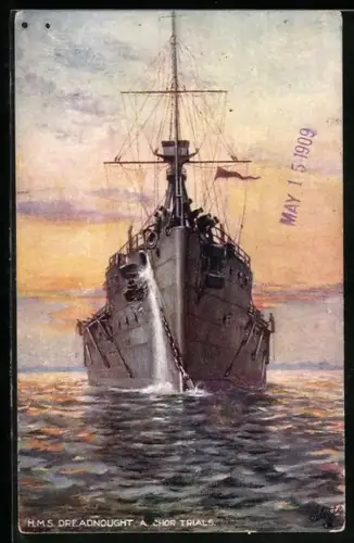 Künstler-AK Kriegsschiff HMS Dreadnought, Anchor Trials