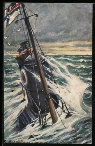 Künstler-AK Deutsche Unterseeboot auf Patrouille an der englischen Küste, U-Boot