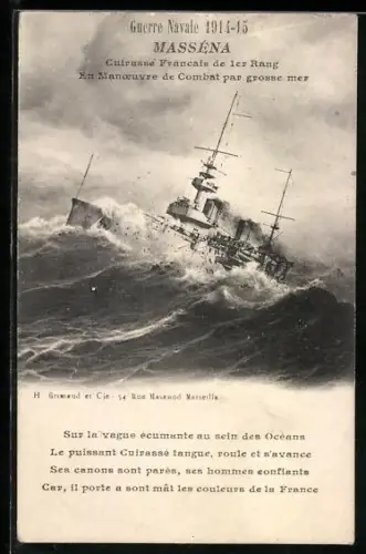 AK Cuirasse Francais de 1er Rang Masséna, En Manoeuvre de Combat par grosse mer, Kriegsschiff