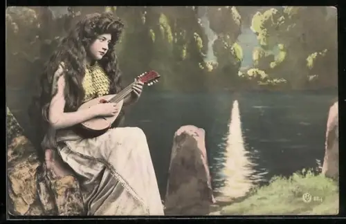 AK Dame mit Laute am Wasser sitzend