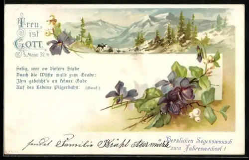 Lithographie Idyllische Berglandschaft mit Bäumen, Sinnspruch Treu ist Gott