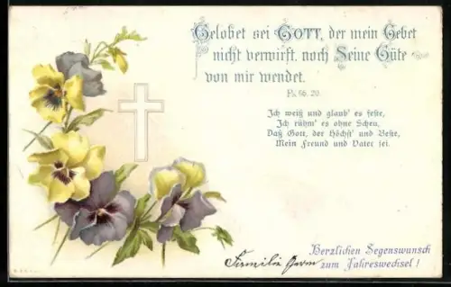 Lithographie Kreuz im Blumenkranz, Sinnspruch Gelobet sei Gott, der mein Gebet nicht verwirft...