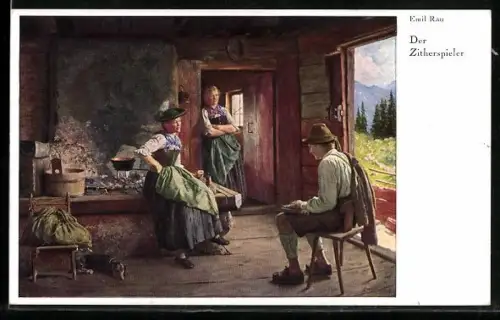 Künstler-AK Emil Rau: Mann mit Zither in der Wohnstube