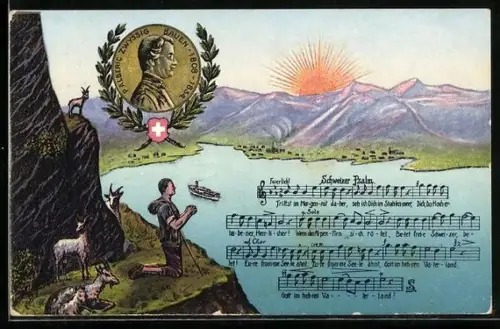 AK Liedtext und Musiknoten Schweizer Psalm, Porträt P. Alberic Zwyssig