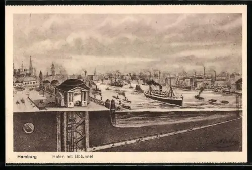 Künstler-AK Hamburg-St. Pauli, Elbtunnel mit Hafen
