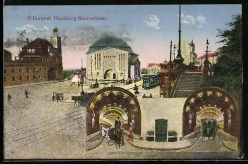 AK Hamburg-St. Pauli, Eingang und Ausgang des Elbtunnels, Strassenbahn