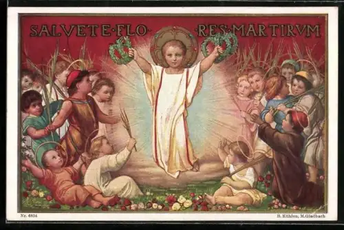 AK Das Jesuskind mit Blätterkrenzen, Salvete Flo Res Martirum