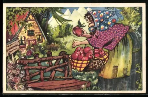 Künstler-AK Hexe mit dem vergifteten Apfel für Schneewittchen