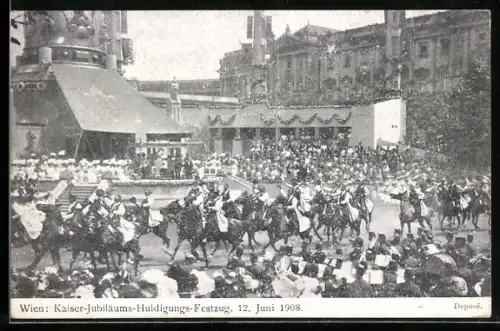AK Wien, Jubiläumsfestzug Kaiserhuldigung 12. Juni 1908, Trachtengruppe auf Pferden