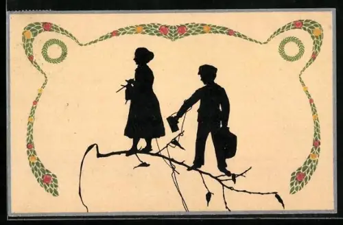 AK Silhouetten einer Frau und eines Mannes in Rahmen aus Blättern und Blüten, Biedermeier