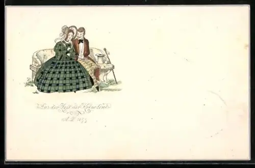 AK Paar sitzt zusammen auf einer Bank, Aus der Zeit der Kronline 1855, Biedermeier