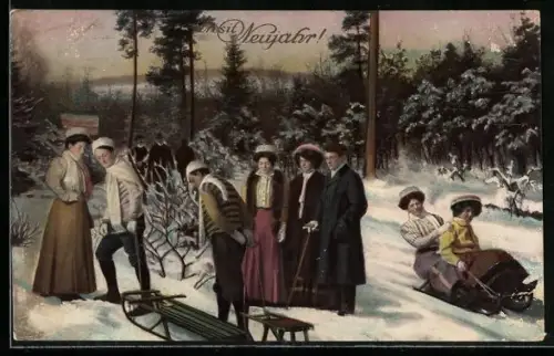 AK Personen im Schnee mit Schlitten, Prosit Neujahr