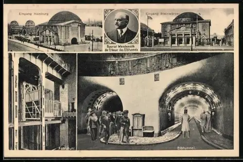 AK Hamburg-St. Pauli, Elbtunnel, Eingänge, Fahrstuhl, Blick in den Elbtunnel