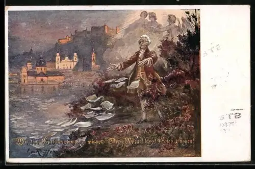 Künstler-AK Mozart wirft Schreibblätter in einen Fluss, Engel