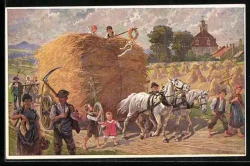 Künstler-AK Erntewagen umringt von Bauern