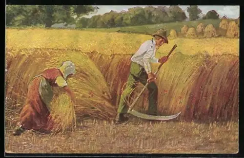 AK Bauernpaar erntet Getreide auf dem Feld