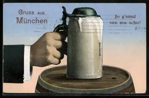 AK München, Bierkrug auf einem Fass stehend