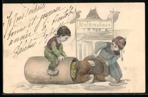Künstler-AK Kind kriecht in einem Bierkrug