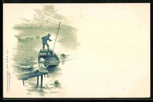 Lithographie Angler mit einem Boot am Steg