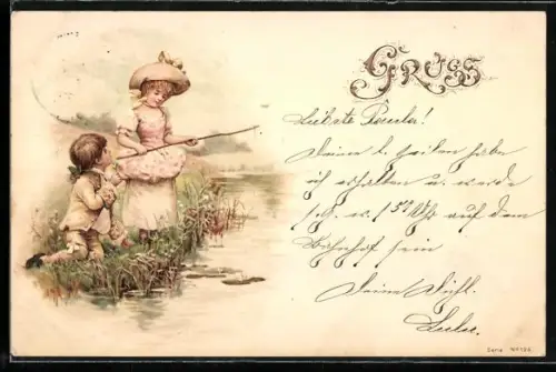 Lithographie Kinder fischen an einem Bächlein