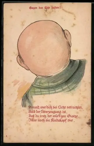 Lithographie Mann mit Glatze, Babygesicht im Gegenlicht, Halt gegen das Licht