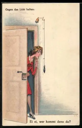 AK Storch mit Baby überrascht eine Dame an der Wohnungstür im Gegenlicht, Halt gegen das Licht