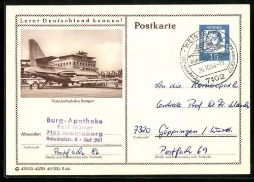 AK Stuttgart, Verkehrs-Flughafen, Ganzsache Lernt Deutschland kennen!