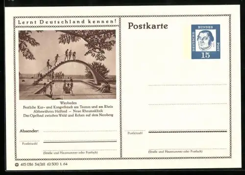 AK Wiesbaden, Das Opelbad zwischen Wald und Reben auf dem Neroberg, Ganzsache Lernt Deutschland kennen