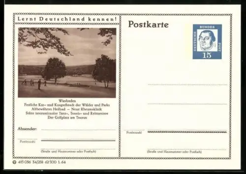 AK Wiesbaden, Der Golfplatz am Taunus, Ganzsache Lernt Deutschland kennen