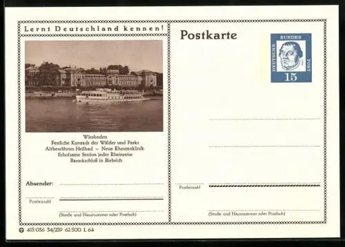 AK Wiesbaden, Barockschloss in Biebrich, Ganzsache Lernt Deutschland kennen