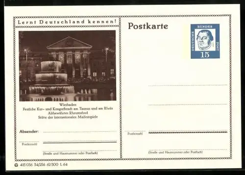 AK Wiesbaden, Kaskadenbrunnen, Ganzsache Lernt Deutschland kennen