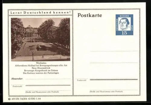 AK Wiesbaden, Das Kurhaus inmittend der Parkanlagen, Ganzsache Lernt Deutschland kennen