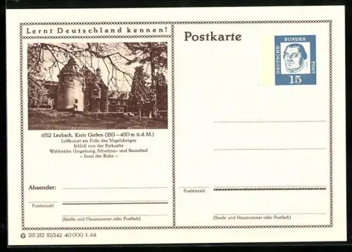 AK Laubach /Giessen, Schloss von der Parkseite, Ganzsache Lernt Deutschland kennen