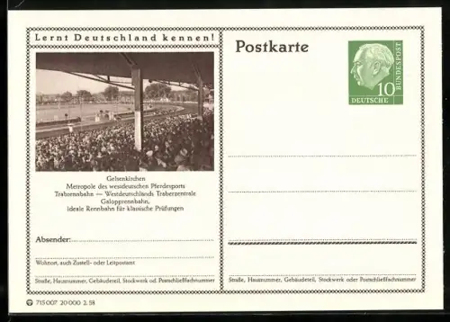 AK Gelsenkirchen, Trabrennbahn mit Zuschauertribünen, Ganzsache Lernt Deutschland kennen