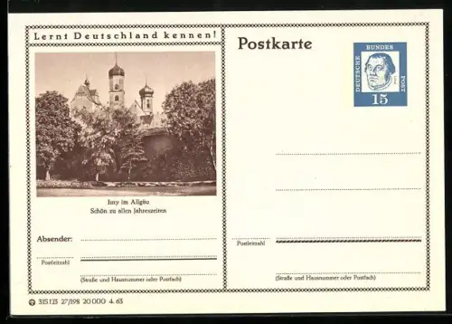 AK Isny im Allgäu, Kirchtürme, Ganzsache Lernt Deutschland kennen