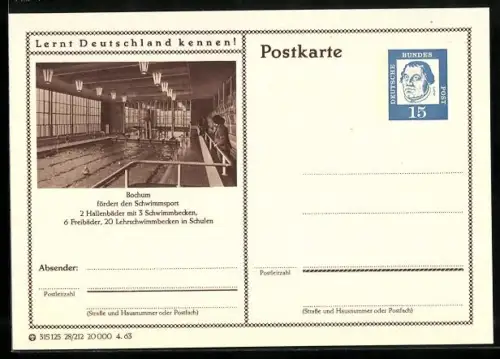 AK Bochum, Hallenbad mit Besuchern, Ganzsache Lernt Deutschland kennen