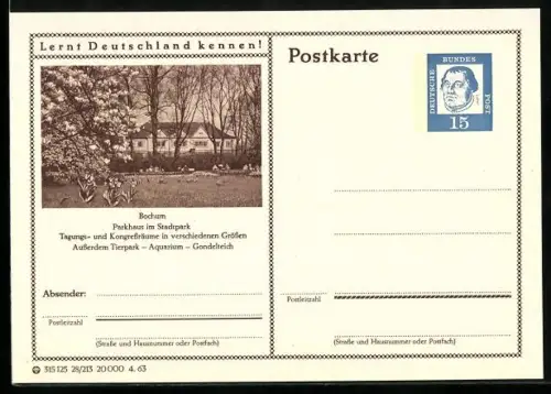 AK Bochum, Parkhaus im Stadtpark, Ganzsache Lernt Deutschland kennen