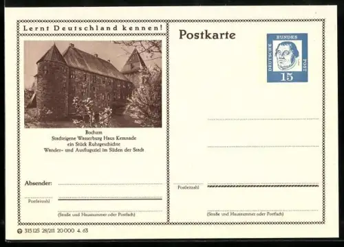 AK Bochum, Stadteigene Wasserburg Haus Kemnade, Ganzsache Lernt Deutschland kennen