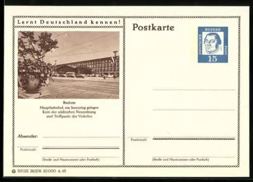 AK Bochum, Blick auf den Hauptbahnhof, Ganzsache Lernt Deutschland kennen