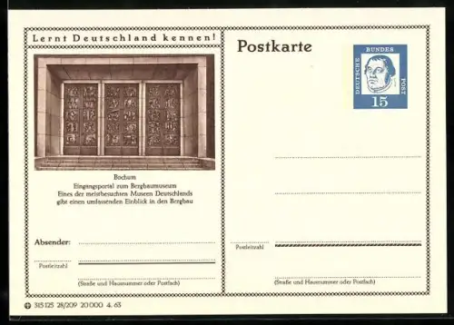 AK Bochum, Eingangsportal zum Bergbaumuseum, Ganzsache Lernt Deutschland kennen