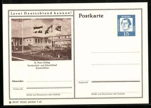 AK St. Peter-Ording, Kurmittelhaus, Ganzsache Lernt Deutschland kennen