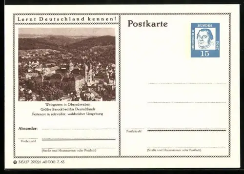 AK Weingarten in Oberschwaben, Blick über die Dächer, Ganzsache Lernt Deutschland kennen