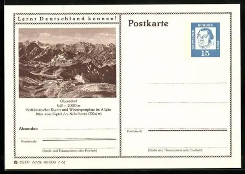 AK Oberstdorf, Blick vom Gipfel des Nebelhorns, Ganzsache Lernt Deutschland kennen