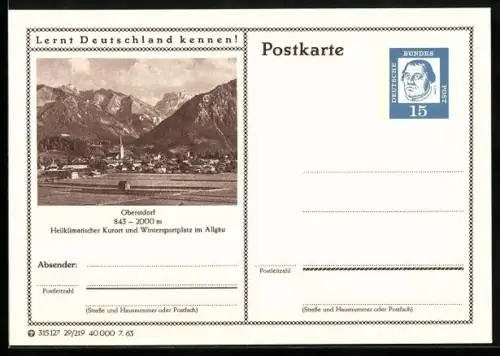AK Oberstdorf, Blick auf den Ort, Ganzsache Lernt Deutschland kennen