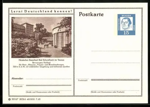 AK Bad Schwalbach im Taunus, Hessisches Staatsbad, Ganzsache Lernt Deutschland kennen