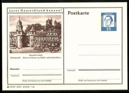 AK Braunfels /Lahn, Karlssprudel, Ganzsache Lernt Deutschland kennen