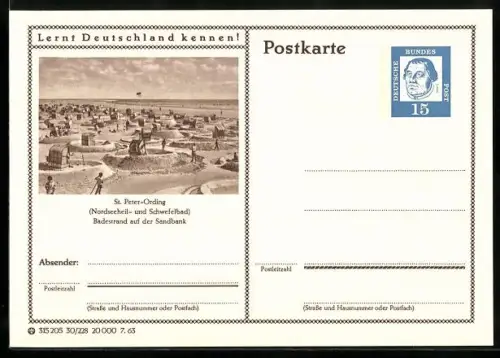 AK St. Peter-Ording, Badestrand auf der Sandbank, Ganzsache Lernt Deutschland kennen